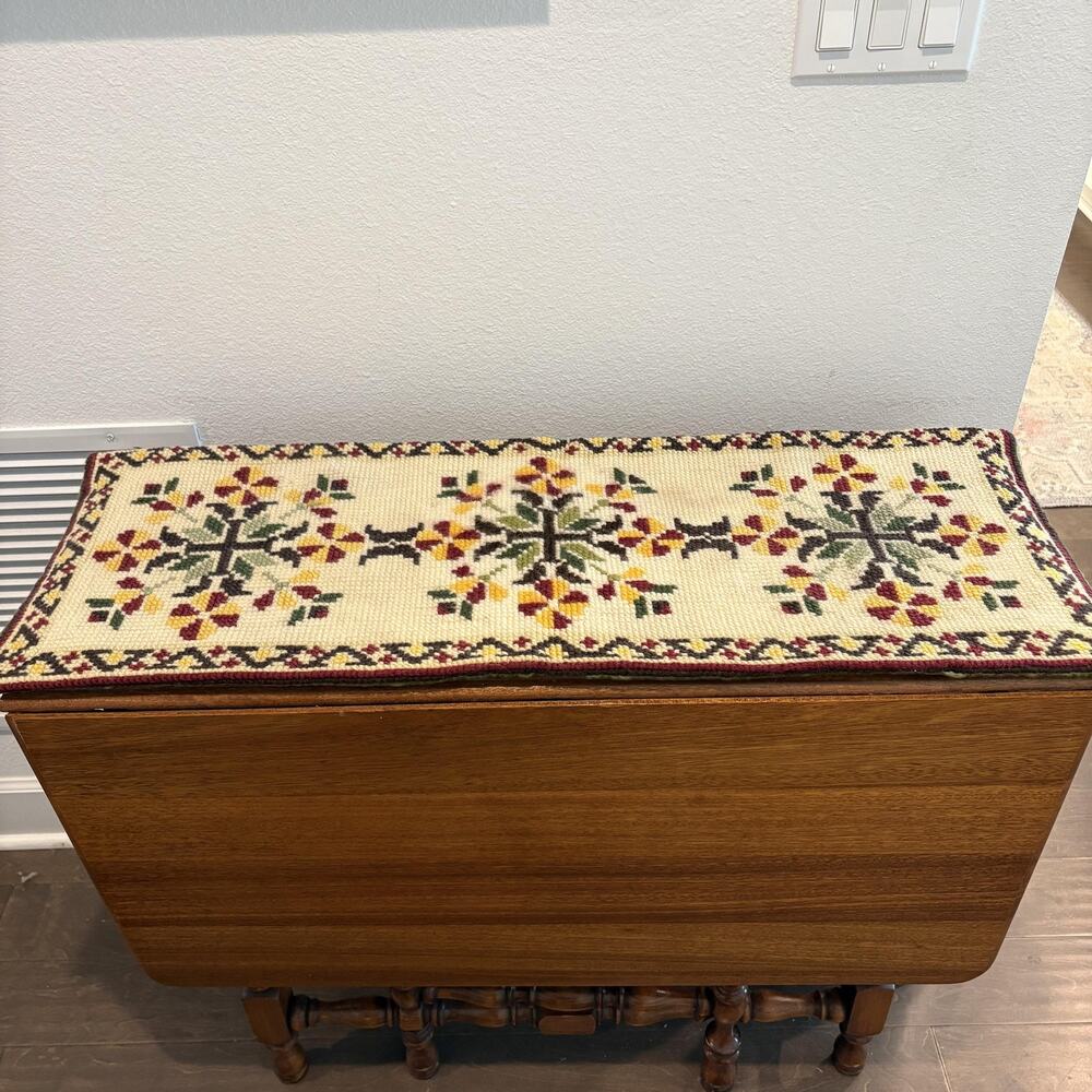 Vtg Hand-stitched Needlepoint Table Runner Floral Folk Boho Design Velvet Back